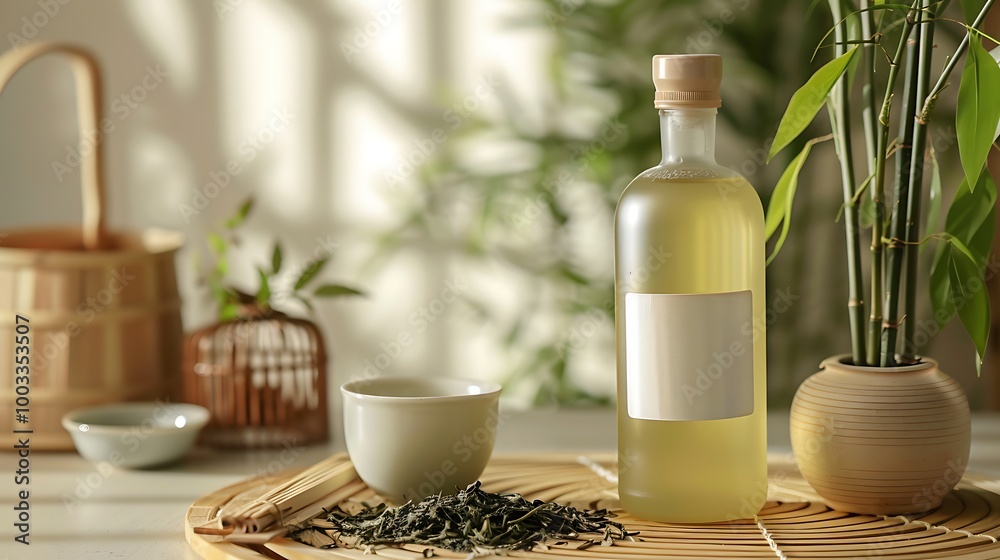 Elegant green tea bottle with plain label set on bamboo mat with tea leaves and teacup creating a peaceful and refreshing zen environment highlighted by soft natural light and traditional tea culture Elegant green tea bottle with plain label set on bamboo mat with tea leaves and teacup creating a peaceful and refreshing zen environment highlighted by soft natural light and traditional tea culture