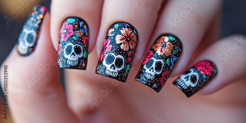 Floral and sugar skull nail art for Halloween and Dia de los Muertos on a black background.