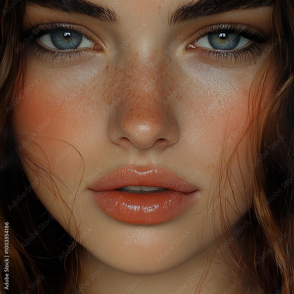 Close Up Portrait of a Woman with Blue Eyes and Freckles Close Up Portrait of a Woman with Blue Eyes and Freckles