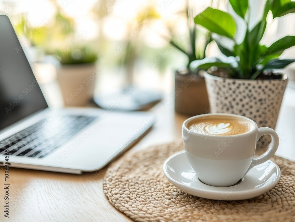 A clean and modern minimalist workspace featuring a laptop, coffee cup, and potted plant in soft natural light A clean and modern minimalist workspace featuring a laptop, coffee cup, and potted plant in soft natural light