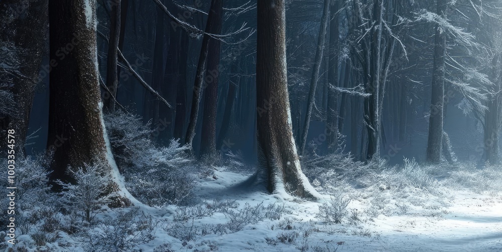 Naklejka premium A serene winter forest landscape bathed in soft light, showcasing snow-covered trees and a tranquil pathway leading into the distance.