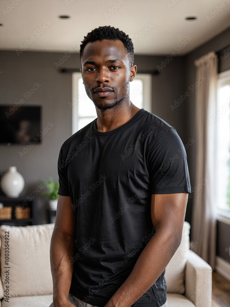 portrait of a man with casual black t-shirt in minimalist interior portrait of a man with casual black t-shirt in minimalist interior