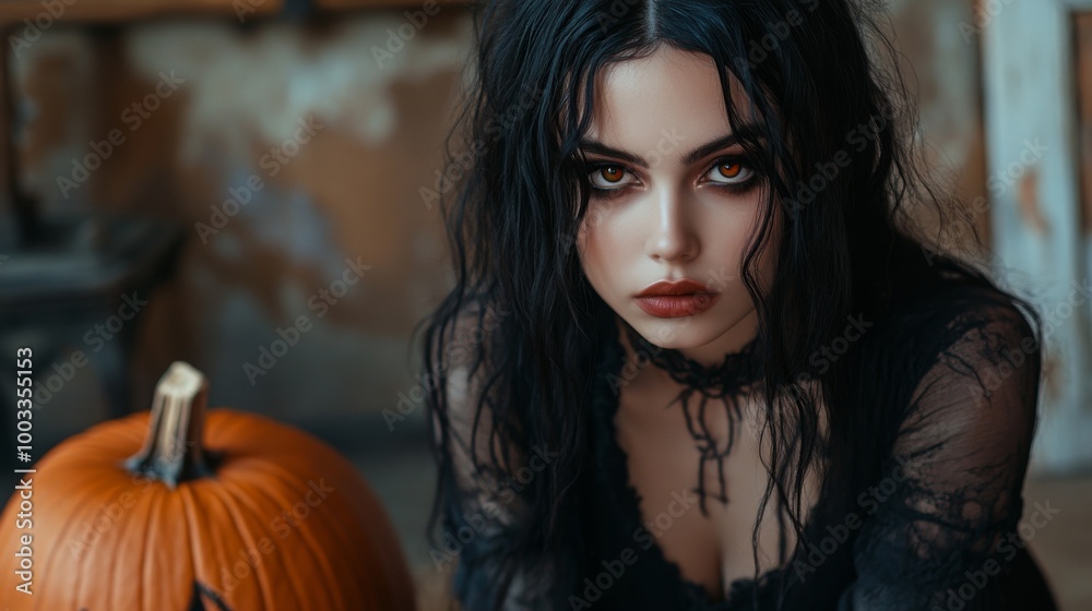 Dark Gothic Halloween Aesthetic with Pumpkins and Mysterious Girl