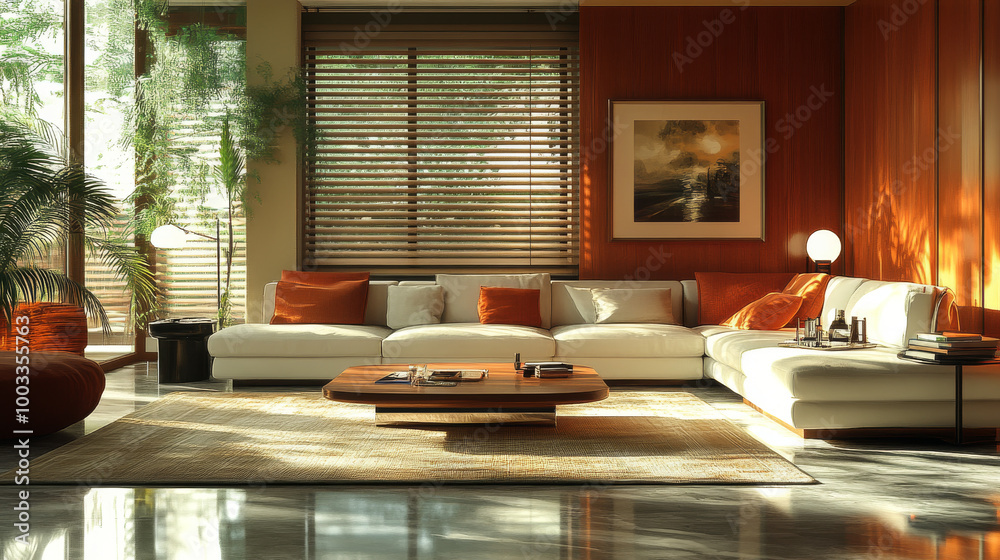 Modern living room with a white sectional sofa and a wooden coffee table. Modern living room with a white sectional sofa and a wooden coffee table.