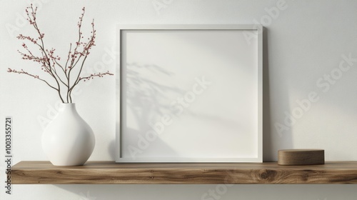 A modern minimalist shelf display featuring a white frame and a vase with branches against a clean white wall in a serene setting