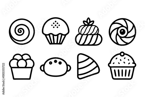 Set of hand-drawn bakery icons, perfect for cafe menus, packaging, or any project requiring a vintage, sketchy style. Includes various sweet treats like cupcakes, donuts, and pastries.