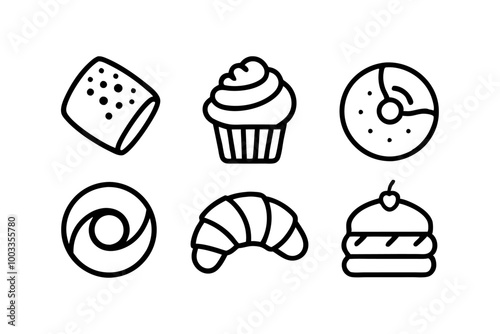 Set of six hand drawn bakery icons. These icons are perfect for use on menus, packaging, or as part of a larger illustration. The icons are simple yet detailed.