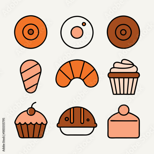 A set of 9 hand-drawn icons representing various sweet treats like cupcakes, donuts, and pastries. Perfect for adding a vintage touch to your bakery menus, packaging, or website designs.