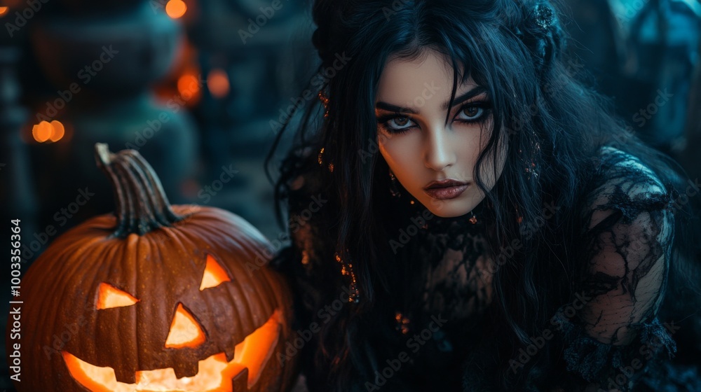 Dark Gothic Halloween Aesthetic with Pumpkins and Mysterious Girl Dark Gothic Halloween Aesthetic with Pumpkins and Mysterious Girl