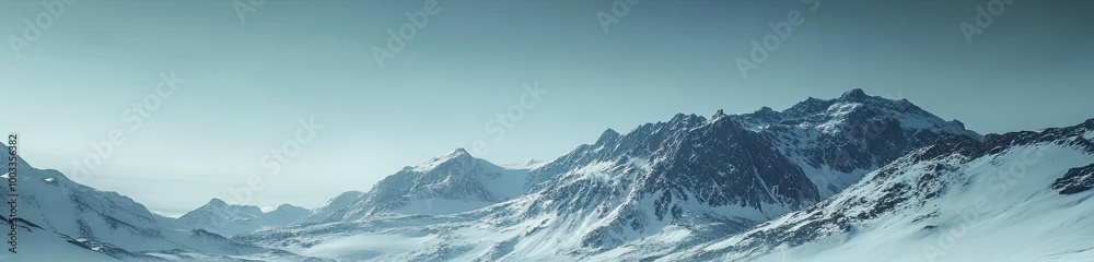 Obraz premium A serene winter landscape featuring a herd of reindeer traversing a frozen lake against majestic mountains.
