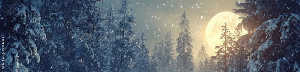 Fototapeta premium A serene winter landscape featuring reindeer beneath a full moon, surrounded by snow-covered trees and gentle snowfall.