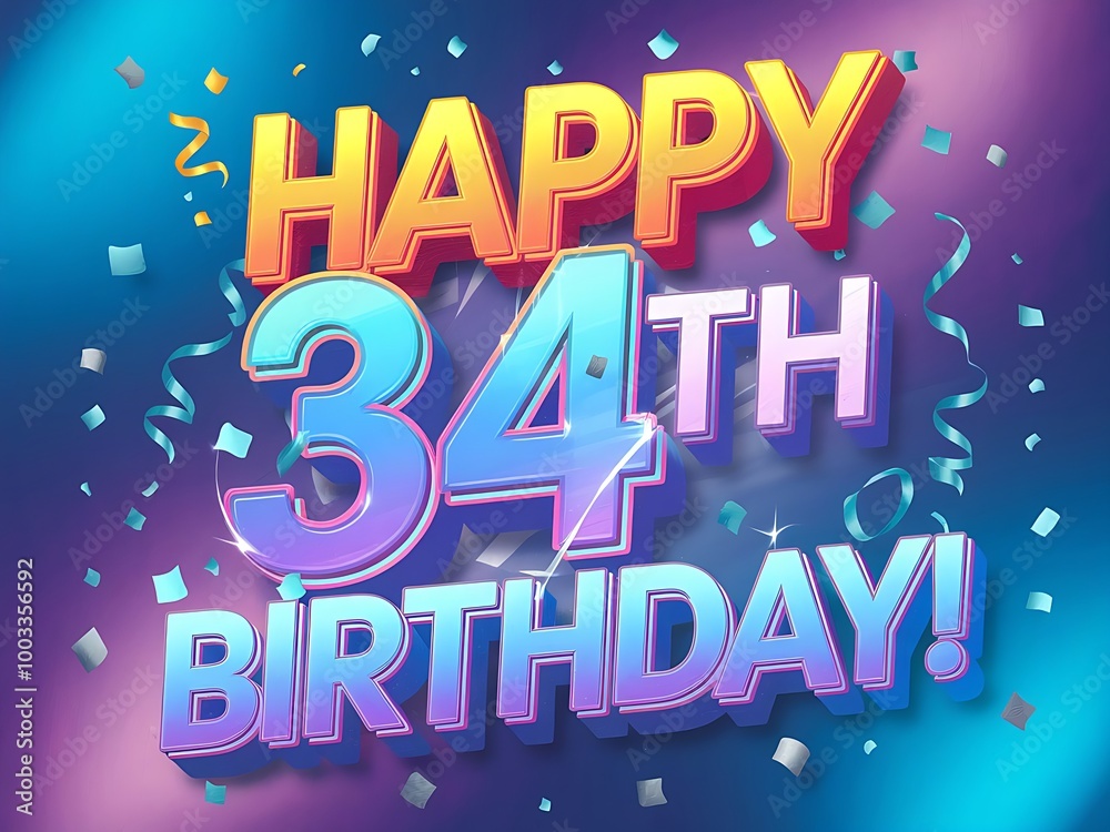 Fototapeta premium Happy 34th Birthday Cake with Orange and Purple Balloons