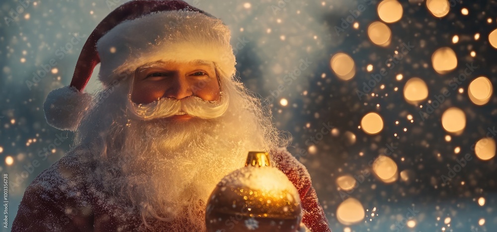 A joyful Santa Claus holds a glowing ornament, surrounded by falling snow and twinkling lights, embodying the spirit of Christmas. A joyful Santa Claus holds a glowing ornament, surrounded by falling snow and twinkling lights, embodying the spirit of Christmas.