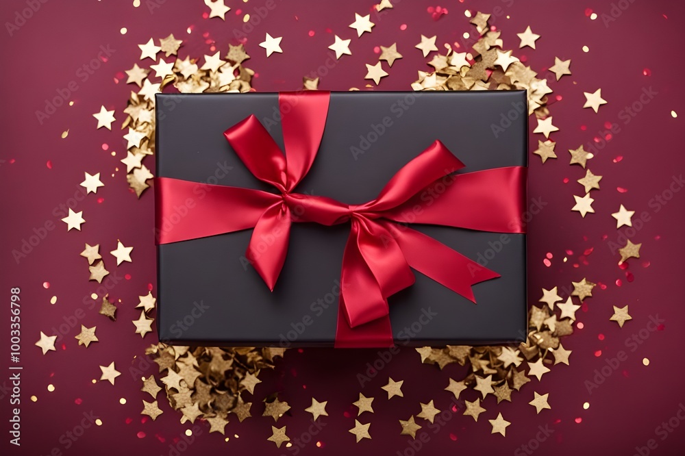 Festive Black Friday surprise! Top view black gift box, adorned with vibrant red ribbon, surrounded by golden star-shaped confetti, set against rich marsala backdrop. Ideal for your Black Friday deals Festive Black Friday surprise! Top view black gift box, adorned with vibrant red ribbon, surrounded by golden star-shaped confetti, set against rich marsala backdrop. Ideal for your Black Friday deals