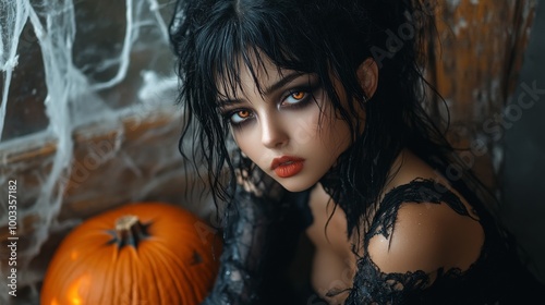 Dark Gothic Halloween Aesthetic with Pumpkins and Mysterious Girl