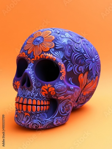 3D purple sugar skull with orange background