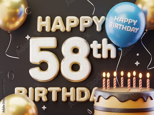 Happy 58th Birthday with Cake and Candles photo