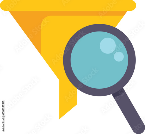 This vector illustration features a magnifying glass analyzing data as it passes through a funnel, representing data analysis