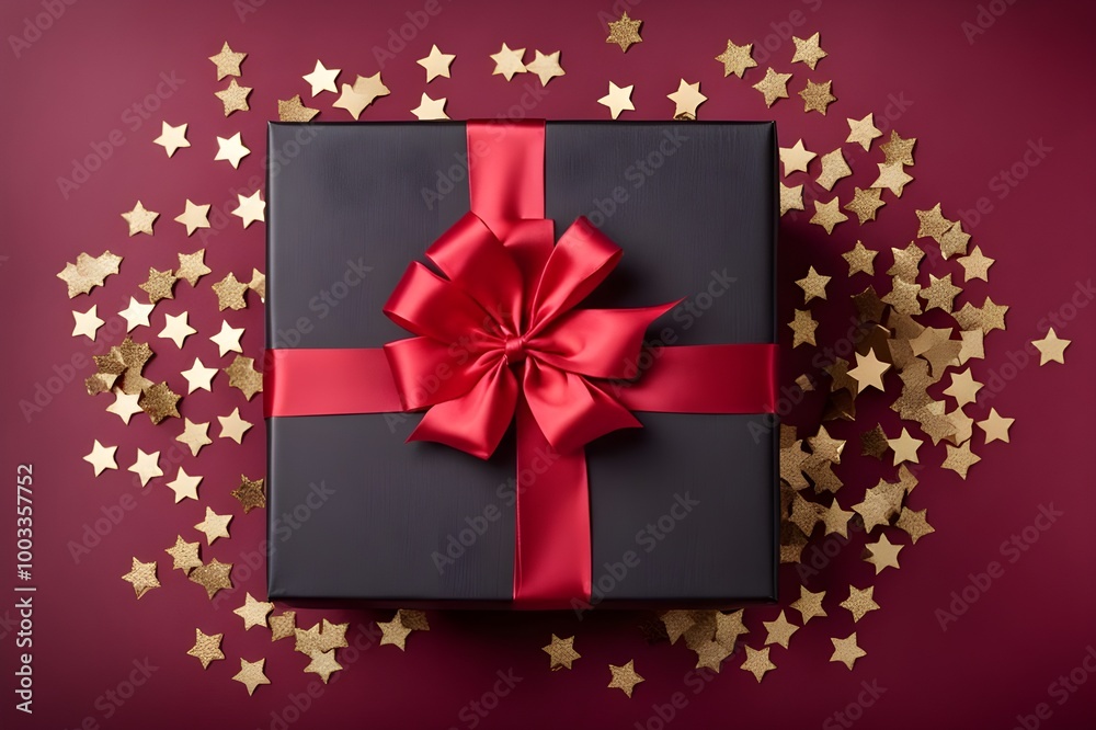 Festive Black Friday surprise! Top view black gift box, adorned with vibrant red ribbon, surrounded by golden star-shaped confetti, set against rich marsala backdrop. Ideal for your Black Friday deals Festive Black Friday surprise! Top view black gift box, adorned with vibrant red ribbon, surrounded by golden star-shaped confetti, set against rich marsala backdrop. Ideal for your Black Friday deals