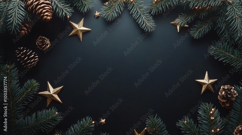 A festive Christmas card surrounded by pine branches and decorative stars on a dark background for holiday cheer A festive Christmas card surrounded by pine branches and decorative stars on a dark background for holiday cheer