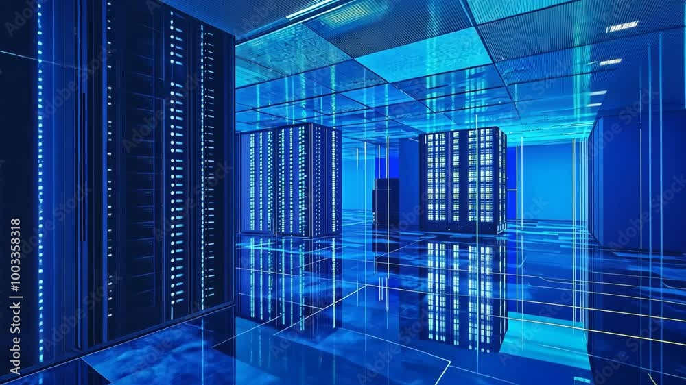 A server room with rows of servers lit by blue lights Stock Video ...