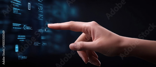 Hand interacting with digital interface on dark background