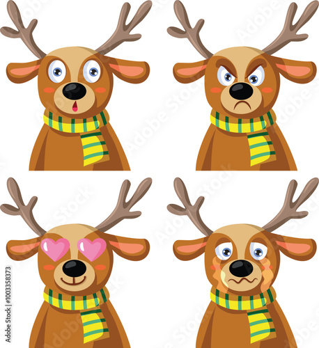 Cute Reindeer Character with Many Expressions Vector Set. Lovely deer animal having a good or a bad mood
