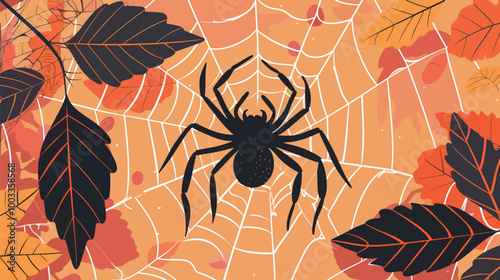 Flat lay Vector Illustration Halloween composition with spider, Happy Halloween