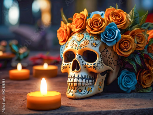 AI-generated image of Día de los Muertos Day of the Dead celebration a unique and colorful event and culture that emphasizes remembrance and the continuity of life 