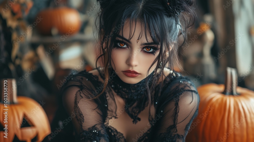 Fototapeta premium Dark Gothic Halloween Aesthetic with Pumpkins and Mysterious Girl