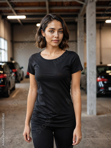 portrait of a young woman with casual black t-shirt in minimalist interior