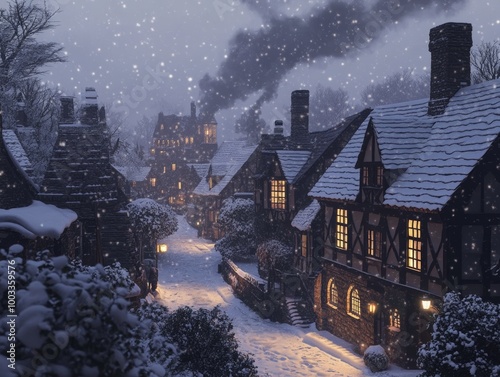 Cozy snow-covered village at dusk with warm lights and smoke rising from chimneys in the peaceful winter landscape