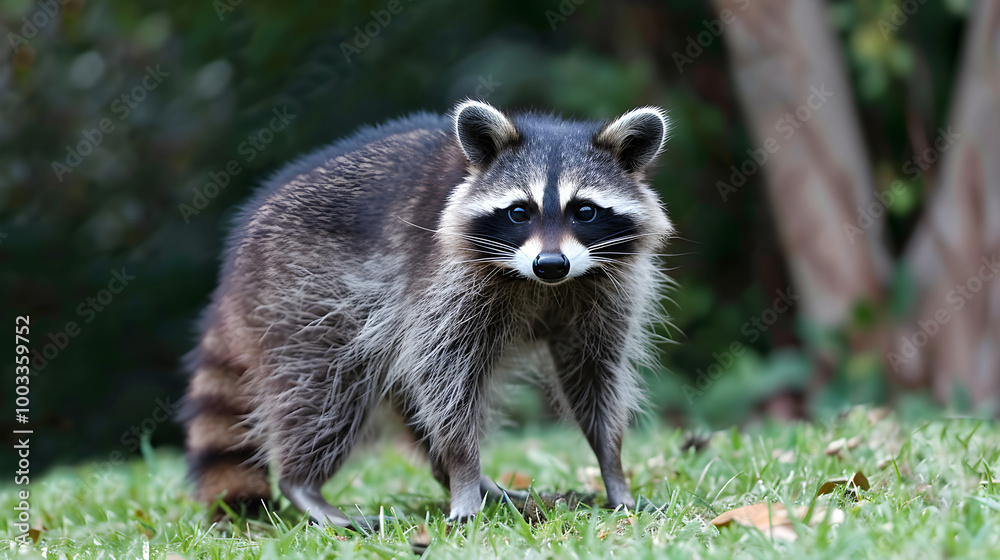 A raccoon with black and white fur, standing on hind legs in a yard. A raccoon with black and white fur, standing on hind legs in a yard.