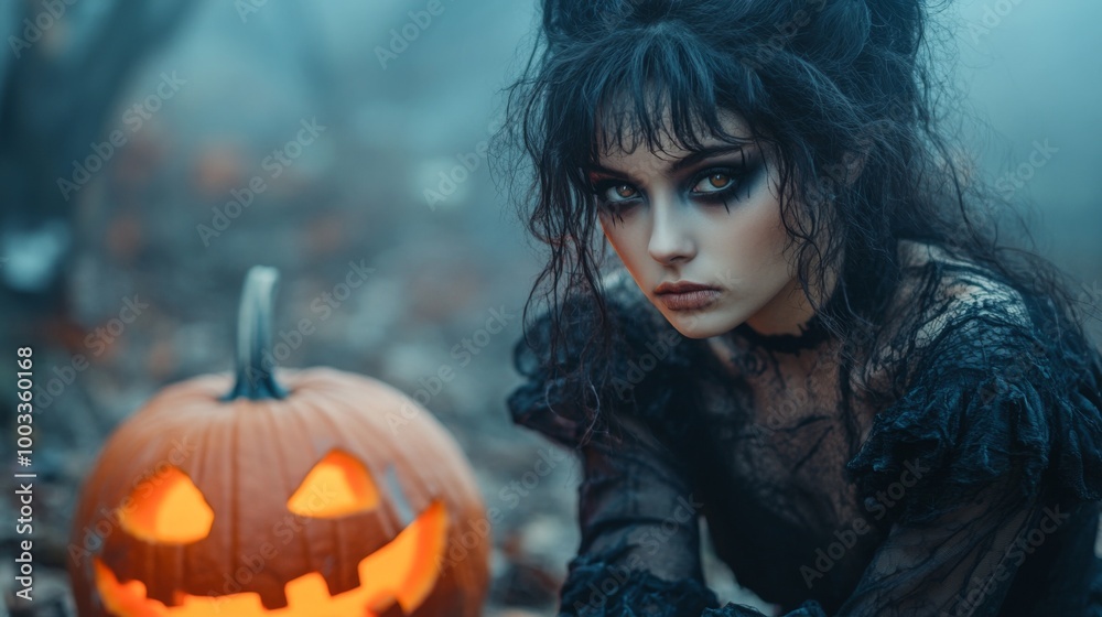 Dark Gothic Halloween Aesthetic with Pumpkins and Mysterious Girl Dark Gothic Halloween Aesthetic with Pumpkins and Mysterious Girl