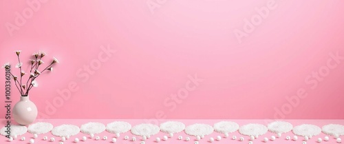 Minimalist Pink Background with Decorative White Flowers and Vase