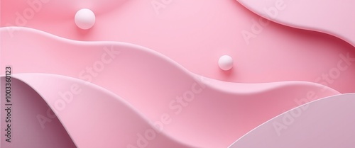 Soft Pink Abstract Design with Flowing Waves and Floating Spheres