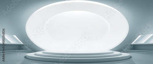 Futuristic White Podium with Circular Lighting in a Modern Minimalist Space