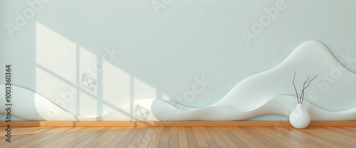 Minimalist Interior background with Flowing White Wall Design and Wooden Flooring