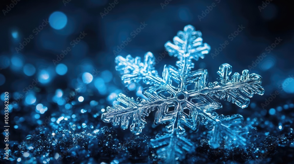A stunning close-up of a crystal snowflake shining against a glimmering blue background, perfect for winter-themed designs. A stunning close-up of a crystal snowflake shining against a glimmering blue background, perfect for winter-themed designs.