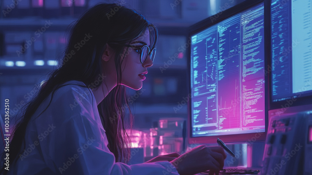 Focused woman programmer working late at night. Focused woman programmer working late at night.