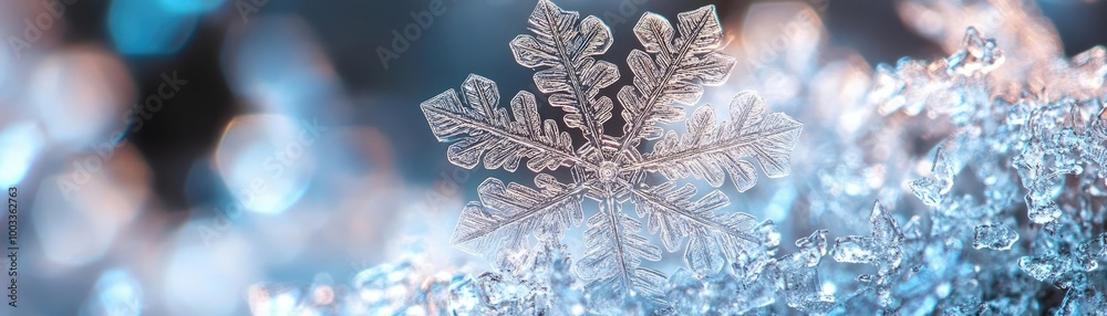 A stunning close-up of a unique snowflake resting on sparkling ice, capturing the beauty of winter's delicate wonders. A stunning close-up of a unique snowflake resting on sparkling ice, capturing the beauty of winter's delicate wonders.