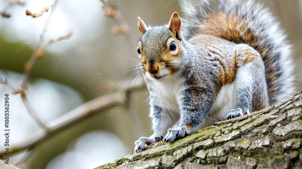Fluffy grey squirrel with shiny eyes sits on tree branch, looking around its surroundings. Fluffy grey squirrel with shiny eyes sits on tree branch, looking around its surroundings.