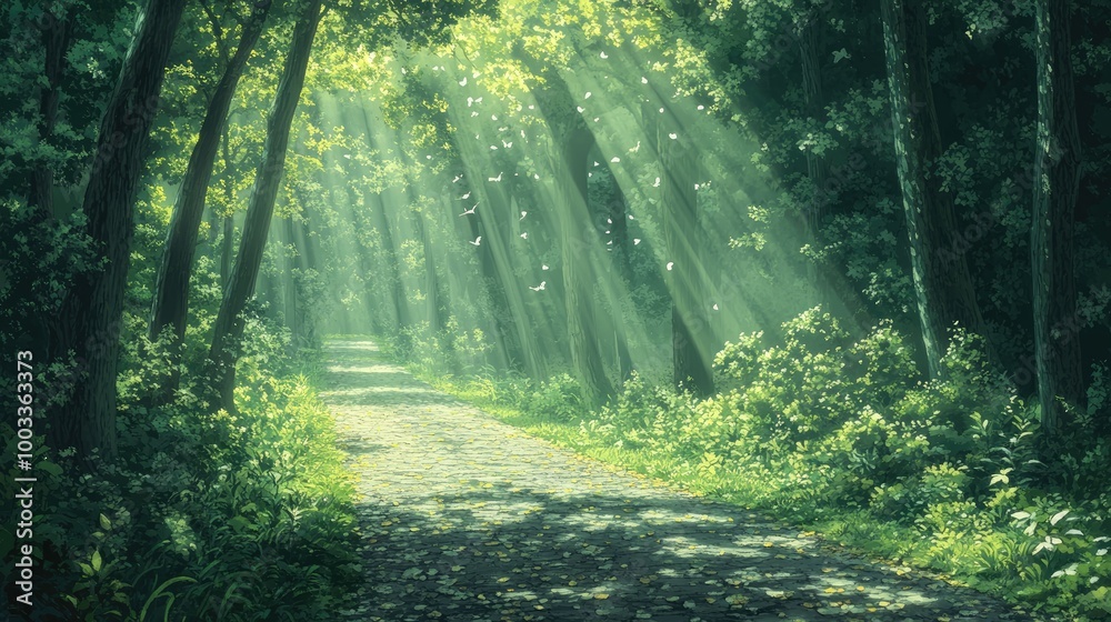 Obraz premium A sun-drenched path winds through a lush green forest, with butterflies flitting in the air.