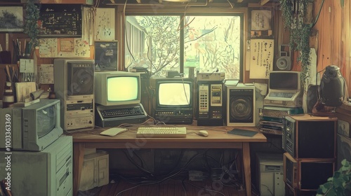 Wallpaper Mural Vintage Computer Setup in a Cluttered Room Torontodigital.ca