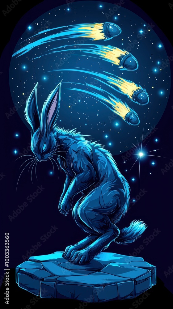 Blue Rabbit Under a Night Sky with Shooting Stars Blue Rabbit Under a Night Sky with Shooting Stars