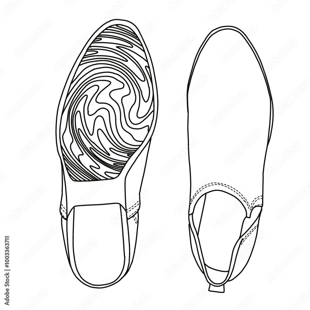 Women's Ankle Bootie Boot shoes Line art, Technical sketch hand drawing outline vector doodle illustration top and bottom view isolated on white background Women's Ankle Bootie Boot shoes Line art, Technical sketch hand drawing outline vector doodle illustration top and bottom view isolated on white background