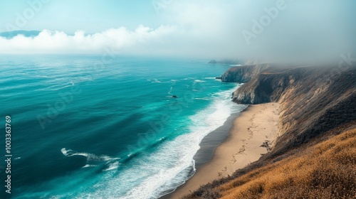 Aerial view of a rugged coastline with crashing waves, a sandy beach, and a misty sky.