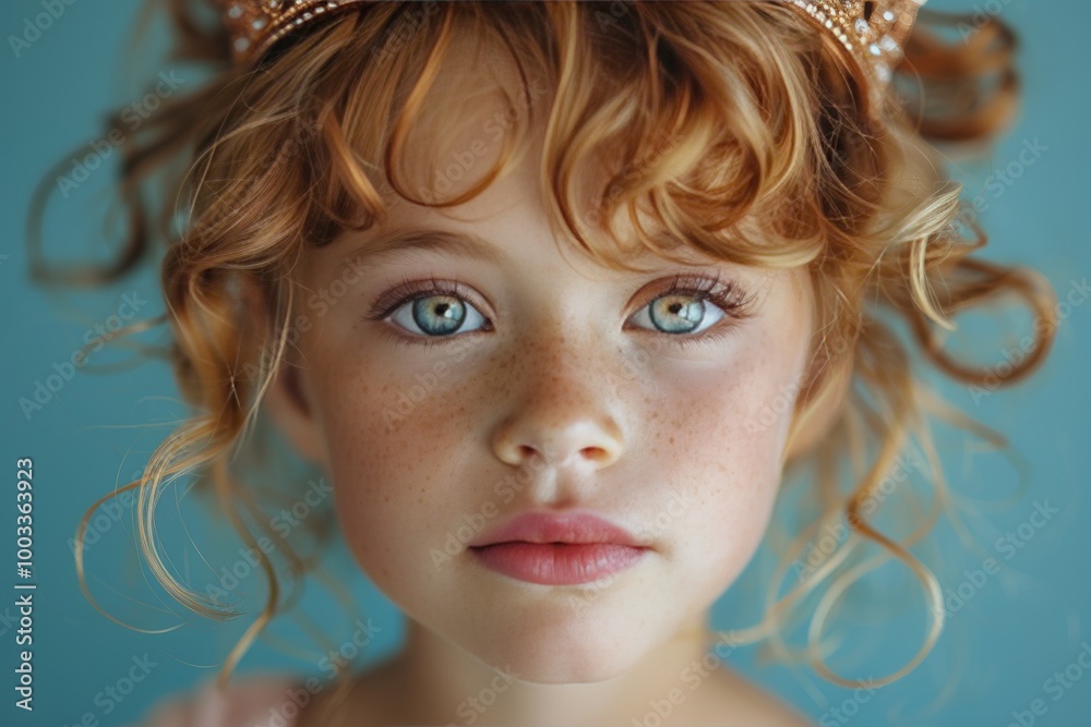 Egoistic child with curly hair wearing a princess crown against a blue background Egoistic child with curly hair wearing a princess crown against a blue background