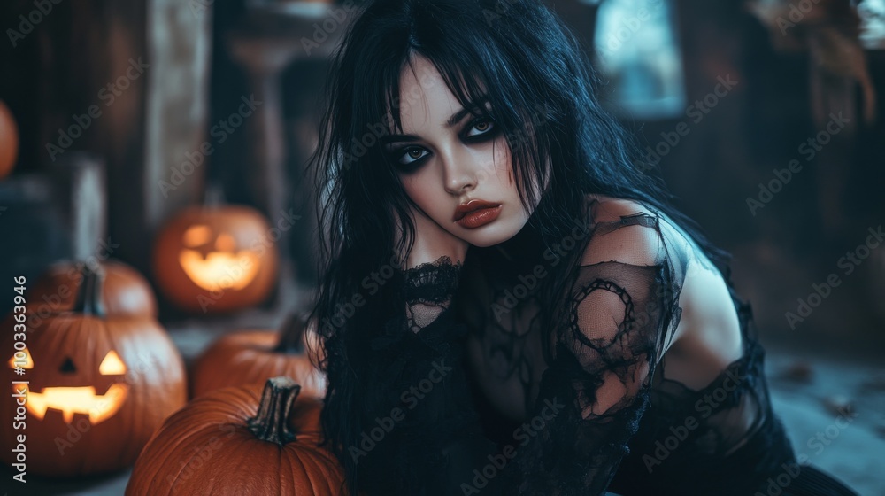 Dark Gothic Halloween Aesthetic with Pumpkins and Mysterious Girl