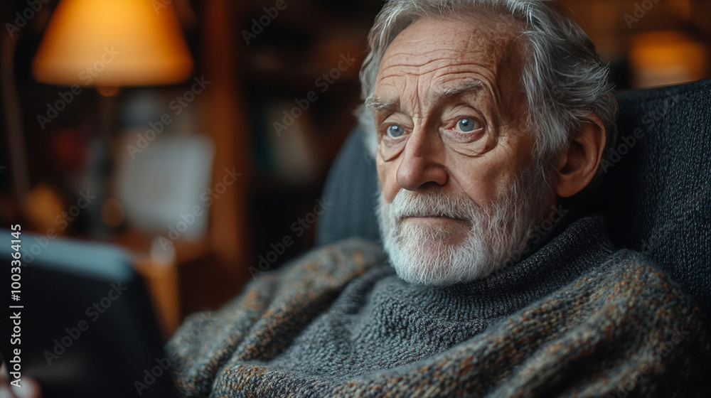 Senior man with gray hair, looking off to the side, sitting in a chair.